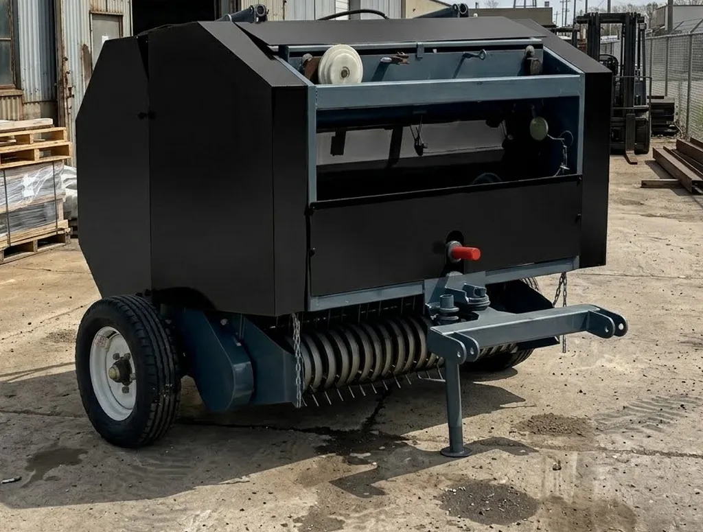 Heavy duty round baler operating in field